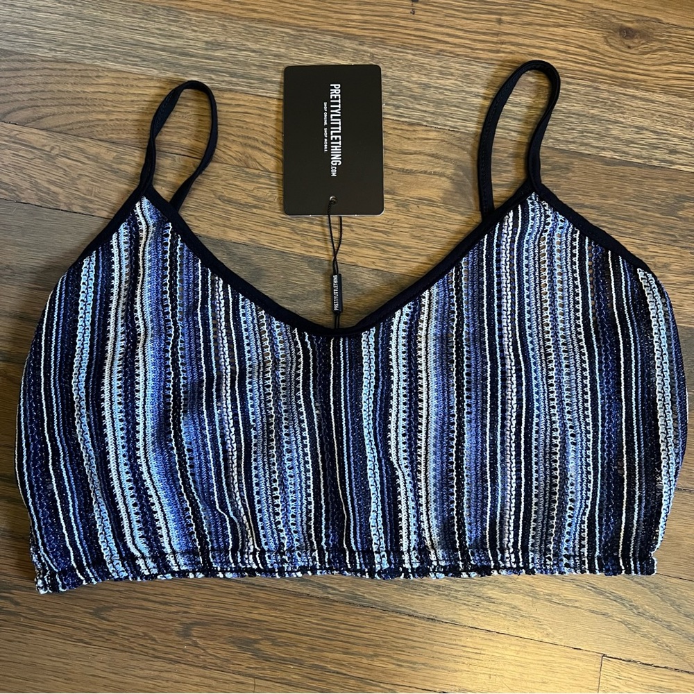 PrettyLittleThing Stripe Knit Bralette Blue Size 12 NWT